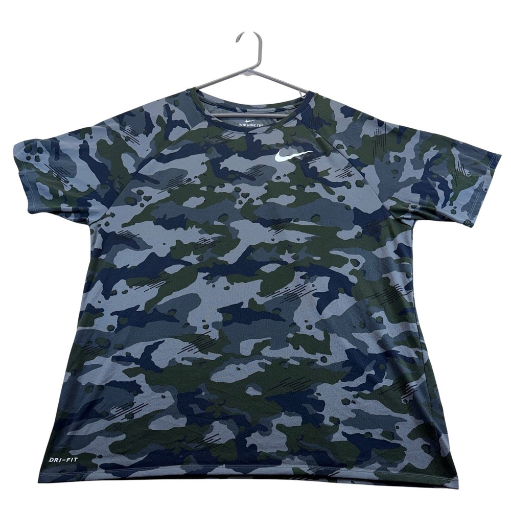 Nike T-Shirt Men XL Blue Camo Dri-Fit Athletic Cut Short Sleeve Swoosh Tee